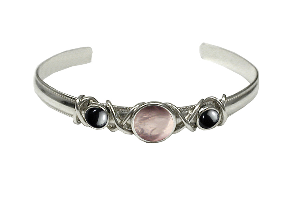 Sterling Silver Hand Made Cuff Bracelet With Rose Quartz And Hematite